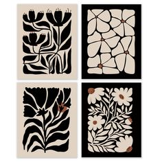 four black and white paintings with flowers on them