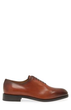 Richly burnished calfskin distinguishes this plain-toe oxford crafted in Italy using the label's exclusive Tramezza construction. Lace-up style Leather upper, lining and sole Made in Italy Designer Shoes Luxury Cognac Plain Toe Oxfords, Cognac Plain Toe Oxfords For Semi-formal Occasions, Luxury Plain Toe Oxfords In Cognac, Luxury Cognac Oxfords For Semi-formal, Luxury Cognac Oxfords For Semi-formal Occasions, Semi-formal Cognac Oxfords With Leather Sole, Cognac Leather-lined Oxfords For Business, Luxury Italian Bridle Leather Oxfords, Luxury Cognac Oxfords With Leather Lining