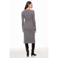 Grey (50% Merino Wool, 20% Acrylic, 30% Nylon). Casual Dresses. V-Neck. Long Sleeve. Pull On. Shoulder to Hemline Length: 44.5". Length: 14.75". Imported. Fitted Knee-length V-neck Dress For Winter, Fitted V-neck Midi Dress For Daywear, Fitted Long Sweater Dress For Work, Fitted Long Sleeve V-neck Dress For Winter, Winter V-neck Stretch Dress, Fitted Knee-length V-neck Winter Dress, Fitted V-neck Dress For Work In Fall, Chic Knee-length V-neck Winter Dress, Fall Bodycon V-neck Dress