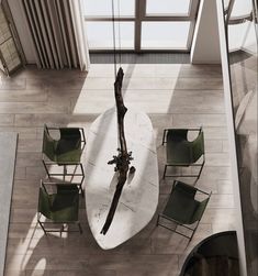 an overhead view of a table and chairs