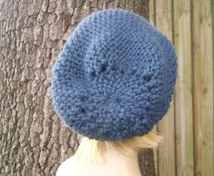 "Style: Chunky oversized slouchy hat. Color: This sample hat is shown in Denim. You can choose from 34 colors. Please see the last photo in the listing and zoom in for a visual reference of your color choices, then select it from the drop down menu when ordering. Sizes: One size fits average teen or adult head size of 20\" to 23\" (50.5 cm to 58 cm). Fiber Content: 80% acrylic, 20% Wool Characteristics: Whimsical, chunky, very soft, warm and cozy. Care Instructions: Hand wash, dry flat. Every it Oversized Hat, Visual Reference, Chunky Knit Hat, Mens Hat, Pixie Hat, Handmade Knitwear, Womens Hat, Hand Knit Hat, Slouch Hat