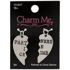 Full Text: 	 Partners In Crime Details: 	 Dimensions: 1.15" x 0.55" 	 Material: Metal 	 Metal Color: Antique Silver 	 Age Grade: 16+ 	 Quantity: 2 Ornament bracelets and necklaces with these Partners In Crime Broken Heart Charms. These charms come in two halves of a broken heart that fit together and have words etched across their face. Share them with a best friend as a testament to your friendship! Personalize your outfits down to the smallest accent with these creative charms. Metal Jewelry For Friendship On Valentine's Day, Heart-shaped Metal Jewelry For Best Friend, Heart-shaped Metal Jewelry For Best Friend's Gift, Couple Accessories, Matching Hoodies For Couples, Sarcastic Clothing, Crazy Best Friends, Diy Kandi Bracelets, Cute Text Quotes