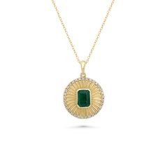 1.36 Cts Emerald and White Diamond Pendant in 14K Yellow Gold Luxury Emerald Cut Brilliant Emerald Necklace, Timeless Green Jewelry With Baguette Diamonds, 14k Gold Emerald Cut Emerald Necklace, Fine Jewelry Emerald With Baguette Diamonds, Luxury Emerald Necklace With Diamond Accents For May Birthstone, Fine Jewelry With Baguette Diamonds And Emerald, Timeless Green Baguette Cut Jewelry, Emerald Cut Baguette Diamonds May Birthstone Jewelry, Classic Emerald Necklace With Diamond Cut