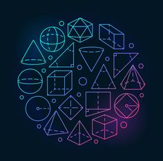 neon colored geometric shapes in the shape of a circle on a dark background with space for text