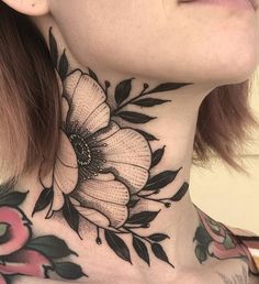 a woman wearing a neck tattoo with flowers on her neck and behind the neck is an image of a flower