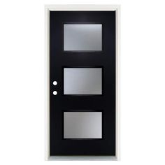 a black door with two glass panels and one light on the front side, against a white background