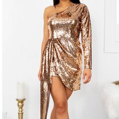 Kahlo Golden Sequin One Shoulder Dress New With Tag Glamorous One Shoulder Winter Dress, Glamorous One-shoulder Winter Dress, Gold Mini Dress For Winter Party, Chic Sequin Dress For Fall, Gold Sequined Mini Dress For Fall, Gold Sequin Dress For Night Out In Spring, Gold Sequin Dress For Spring Night Out, One Shoulder Fall Party Dress, One-shoulder Fall Party Dress