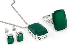 20x14mm and 8x6mm rectangular cushion green onyx rhodium over sterling silver ring, earrings and necklace boxed set. Pendant measures approximately 1 1/8"L X 9/16"W with 18" singapore chain. 3mm bail and lobster claw clasp with a 2" extender. Stud earrings measure approximately 5/16"L X 3/16"W with tension post backings. Solitaire ring measures approximately 3/4"L X 1/16"W. Not sizeable. Silver Cushion Cut Gemstone Jewelry, Sterling Silver Rectangular Jewelry For May Birthstone, Fine Jewelry With Polished Rectangular Stone, Fine Jewelry With Polished Finish And Rectangular Shape, Elegant Jewelry With Rectangular Stone For Anniversary, Elegant Sterling Silver Cushion Cut Jewelry, Fine Jewelry With Polished Finish, Rectangular Fine Jewelry With Polished Finish, Emerald Cut Jewelry With Polished Finish As Gift