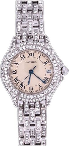 Cartier Diamond Watch With Diamond Accents, Cartier Diamond Watch With Round Dial, Cartier Diamond Watch For Wedding, Formal Diamond Jewelry With Vvs Clarity, Cartier Diamond Watch With Brilliant Cut, Classic Diamond White Round Diamond Watch, Cartier Diamond Watch With Diamond Hour Markers For Anniversary, Diamond Watch With Brilliant Cut, Anniversary Diamond Watch With Pave Setting