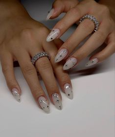 Star Nail Designs Simple, Short Almond Nails With Rhinestones, Nail Art Designs New Years, Studded Nail Art, Silver Celestial Nails, 2024 Almond Nails, Almond Bday Nails, Nails With Small Gems, Divine Feminine Nails