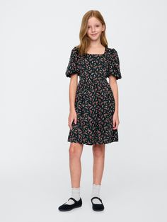 Soft rayon dress.  Square neck.  Short puff sleeves.  Zipper at back.  Fit: Classic.  An A-line silhouette with an easy fit & a flared opening.  Hits at the knee. Floral Puff Dress, Dress Square Neck, Puff Dress, Rayon Dress, Gap Kids, Toddler Gifts, Puff Sleeves, Square Neck, The Knee