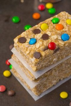 three bars with m & m candy on top