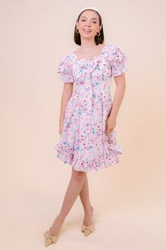 Dolly Dress – Ivy City Co Feminine Puff Sleeve Dress With Ruffles For Garden Party, Puff Sleeve Dress With Floral Print And Fitted Bodice, Floral Print Puff Sleeve Dress With Fitted Bodice, Feminine Floral Dress With Ruffle Sleeves, Feminine Fitted Puff Sleeve Dress With Ruffles, Feminine Floral Print Dress With Ruffle Sleeves, Fitted Puff Sleeve Dress With Ruffles For Garden Party, Daywear Fitted Ruffle Dress With Flutter Sleeves, Floral Print Puff Sleeve Dress For Daywear