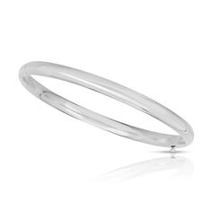 Simple and versatile, this 14K white gold bangle bracelet is a look your mini fashionista will love to style. Hollow 14K white gold This classic bangle features a polished 4.5mm-wide design 5.5 inches in circumference; hinged box clasp Everyday White Gold Bangle, Minimalist White Gold Oval Bracelet, Stackable White Gold Bangle For Everyday, Everyday Stackable White Gold Bangle, Minimalist Stackable White Gold Bangle, Modern White Gold Bangle Bracelet, Sterling Silver Classic Bangle Gold Bracelet, Classic Stackable Sterling Silver Bracelet, Classic White Gold Bracelet With Polished Finish