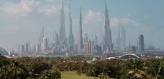 the city is surrounded by palm trees and tall buildings