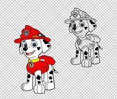 two cartoon dogs with fireman hats on their heads, one in red and the other in