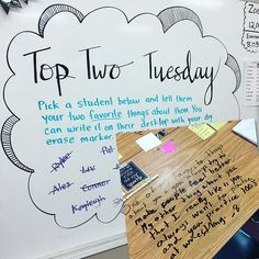 a whiteboard with writing on it in front of a bulletin board that says top two tuesday