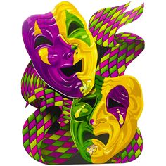 three colorful masks sitting on top of each other in front of a white background with the words mardi gras written below them