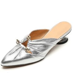 TSS69 Leather Slippers Sandals - Women's Casual Shoes - Touchy Style Silver Slip-on Party Mules, Elegant Silver Mules For Party, Spring Metallic Sandals With Pointed Toe, Spring Metallic Pointed Toe Sandals, Formal Silver Mules For Summer, Elegant Silver Slip-on Heels, Silver Leather Kitten Heels, Silver Leather Kitten Heels Low Heel, Spring Silver Flat Heel Sandals