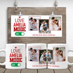 two coffee mugs with the words love amela mode on them and three photos