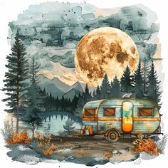 an old camper parked in front of a lake with the moon rising over it