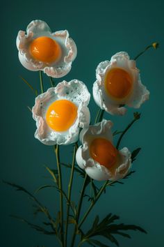 three eggs in an egg shell on top of some flowers