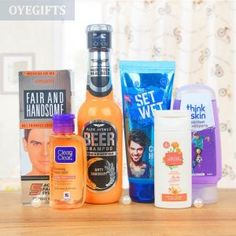 One Emami Fair And Handsome Cream One Clean & Clear Face Wash One Park Avenue Beer Shampoo One Set Wet Styling Gel One Swiss Tempelle Body Lotion One Think Skin Body Wash #OnlineGifts #Gifts #SendOnlineGifts Spa Baskets, Spa Basket, Friendship Day Gifts, Clear Face, Styling Gel, Pure Leaf Tea Bottle