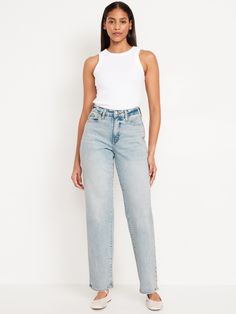 no-gap high waist zip fly loose leg sizes 00-14: curvy waist is 2” roomier at hip sizes 16 and up: curvy waist is ½” smaller and ¾” roomier at the hips 30 1/2" regular inseam 28 1/2" petite inseam 33 1/2" tall inseam hits below ankle models are approx.  5'9" and wear sizes s (4), l (12), and xl (18)machine wash according to the care instruction label  . Best Holiday gift for Women , perfect Jeans for Christmas! Smaller Waist, Loose Jeans, Old Navy Jeans, Perfect Jeans, Old Navy Women, Back Patch, Bottom Clothes, New Wardrobe, Small Waist