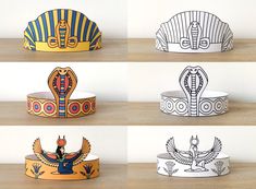 six paper crowns with egyptian designs on them