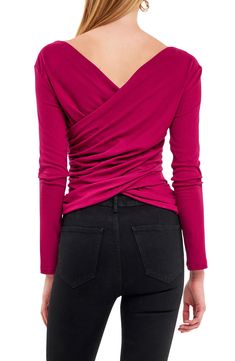 Move stylishly from the office to date night in this shapely shirred top styled with wrapped front-and-back detailing. 65% polyester, 30% rayon, 5% spandex Hand wash, line dry Imported Ruched Draped Top In Elastane, Ruched Draped Elastane Top, Draped Elastane Tops For Night Out, Versatile Fitted Draped Top, Chic Draped Elastane Tops, Fitted Ruched Top With Foldover Neckline, Evening Stretch Tops With Ruched Back, Fitted Ruched Top With Foldover Shape, Party Blouse With Ruched Fitted Top