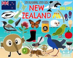 an image of new zealand with animals and birds