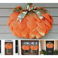 an orange mesh pumpkin hanging from the side of a house with three pictures of it