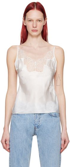 Acetate- and silk-blend damask camisole. Jacquard floral pattern and lace trim throughout. · V-neck · Darts at chest · Fixed spaghetti straps · Logo hardware at back Supplier color: White Feminine Summer Camisole With Lace Bodice, Feminine Silk Camisole With Built-in Bra, Delicate Fitted Camisole With Spaghetti Straps, Chic Fitted Camisole With Delicate Lace, Delicate Fitted Camisole Top, Sheer Fitted Cami Lace Top, Fitted Delicate Spaghetti Strap Camisole, Fitted Sheer Lace Camisole Top, Fitted Tops With Lace Bodice And Spaghetti Straps