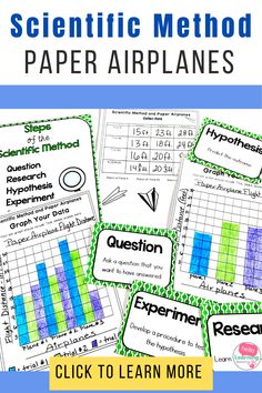 the scientific method for paper airplanes with text overlaying it and four different types of graphs