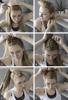 workout hairstyle: dutch braid topknot Side Braid Hairstyles, Crochet Cardigans, Sport Hair, Gym Hairstyles, Front Hair, Braid Hairstyle, Workout Hairstyles, Game Day Hair, Sports Hairstyles