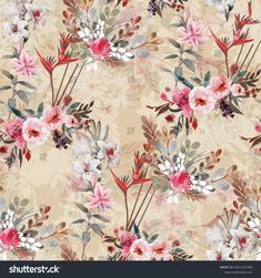 a floral pattern with pink and white flowers on a beige background, suitable for wallpaper or