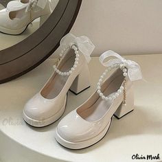 Olivia Mark - Classico Pearl Studded White High Heels Mary Janes with Chunky Heels Vintage High Heels, Mary Jane High Heels, Dr Shoes, Nude Shoes, Round Toe Shoes, Mary Jane Pumps, Mary Jane Heels, Genuine Leather Shoes, Jane Shoes