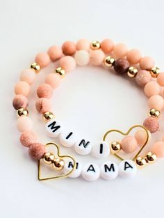 Mama and MINI Pink gold beaded stretch bracelet jewelry set ~ Two and Crew Trendy Beaded Bracelets With Heart Charm As Gift, Trendy Name Bracelet With Heart Beads For Gift, Trendy Heart Beads Name Bracelet As Gift, Trendy Name Bracelet With Heart Beads As Gift, Trendy Heart Beads Bracelets For Mother's Day, Trendy Heart Beads Bracelet For Mother's Day, Trendy Heart Bracelet With Round Beads For Gift, Trendy Heart Beads Jewelry For Birthday, Adjustable Stretch Bracelet With Heart Charm And Round Beads