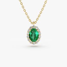 Made to Order. Gold KT: 14K Solid Gold Custom Gold Color: Rose Gold, Yellow Gold, White Rhodium Oval Emerald Size: 1 Oval Emerald 6x4MM in Size Round Diamonds: 14 Round diamonds 1.30MM in Size Total Emerald CTW: 0.48ctw Total Diamond CTW: 0.15ctw Diamond Color-Clarity: G Color SI Clarity Setting Type: Prong Ready to Ship in 7-10 Business Days Treat yourself to a little luxury with our 14k gold emerald halo diamond necklace. A stunning oval cut emerald surrounded by a halo of fourteen round diamo Emerald Halo, Engagement Gifts For Her, Halo Pendant, Cz Necklace, Necklace Boho, Emerald Jewelry, Diamond Color, Stylish Jewelry, Necklace Sizes