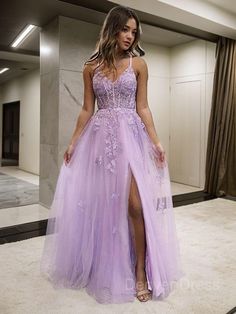 A-Line V-neck Floor-Length Tulle Prom Dresses For Black girls With Leg Slit Open Back Dress Formal, Spaghetti Strap Prom Dress, V Neck Prom Dresses, Prom Ideas, Open Back Dress, Vestidos Prom, Tulle Prom Dress, Prom Dresses Lace, Dress Formal