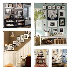 black and white photographs on the wall in a living room with stairs leading up to it