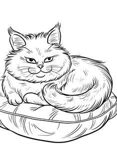 a black and white drawing of a cat laying on a pillow