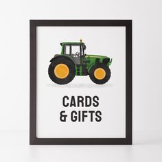 a green tractor with the words cards and gifts in black frame on a white background