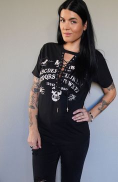 "Diy Gothic steampunk Top shirt Skull skeleton The Misfits top Lace up eyelet original concert shirt altered by Olivia Paige into women lace top ( lace&satin ribbon) Made from a brand new licensed t-shirt. large 42-43\" chest you can also request custom top (band, lacing, size,..) just for you" Diy Gothic, Steampunk Top, The Misfits, Custom Top, Womens Lace Tops, Top Band, Gothic Steampunk, How To Make Ribbon, Concert Shirts