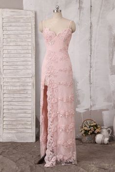 This sophisticated pink beaded lace sheath evening prom dress features spagehtti straps bodice with a scalloped V neckline, floor length skirt with slit. #promdress #eveningdress Light Pink Dress Prom, Crosshatch Embroidery, Prom 23, Pink Evening Gowns, Boho Bridal Dress, Dream Prom Dress, Gown Ideas, Baby Pink Dresses, Pink Long Dress