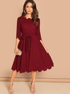 Scallop Trim Fit & Flare Dress With Belt | EMERY ROSE Sukienki Plus Size, Natural Clothing, Scallop Trim, Dress With Belt, Loungewear Set, Dress Zipper, Belted Dress, Flared Sleeves, Fit Flare Dress