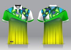 a green and white shirt with an abstract design on the chest, front and back