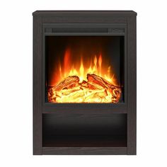 an electric fireplace with flames on the side and dark wood frame, against a white background