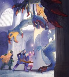 an animated scene with people and dragon in the background