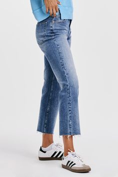 The 90s Jean in Mozzie presents a timeless style with a modern twist. Crafted from stretch denim with a high rise fit that sits slightly lower on the waist and fitted in the hips, these ankle skinnies promise a chic, sleek fit. 9 1/2" Front Rise (include waistband), 10" Leg Opening, 28" inseam (Size 27) 90% COTTON 8% POLYESTER 2% SPANDEX Machine wash cold, Tumble dry low Imported Zip fly and button closure Five-pocket style Classic Cropped Leg Denim Flare Jeans, Everyday Dark Wash Jeans With Frayed Hem, Mid-rise Medium Wash Flare Jeans, High Rise Cropped Denim Jeans For Everyday, Trendy Mid-rise Jeans For Elevated Casual, Trendy Mid-rise Jeans For Elevated Casual Occasions, High Rise Flare Jeans For Fall, Medium Wash Stretch Flare Jeans With Cropped Leg, Stretch Medium Wash Cropped Leg Flare Jeans